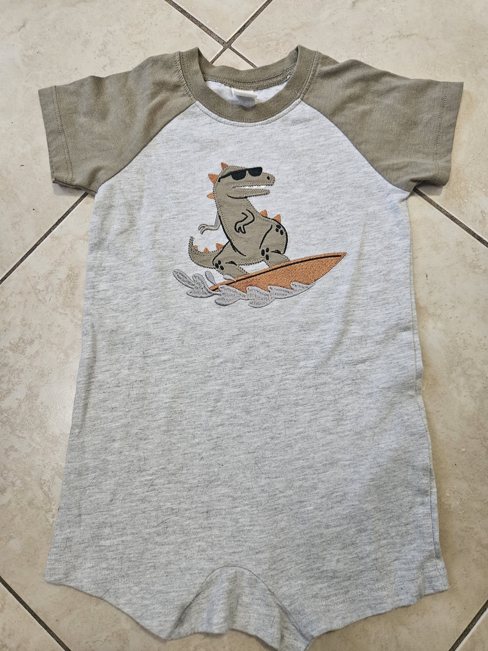 Toddler Dino Surf Raglan Romper - Gray & Olive #toddler #dino #romper